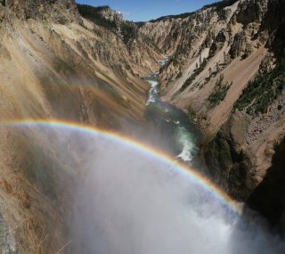 Lower Falls rainbow and view down canyon